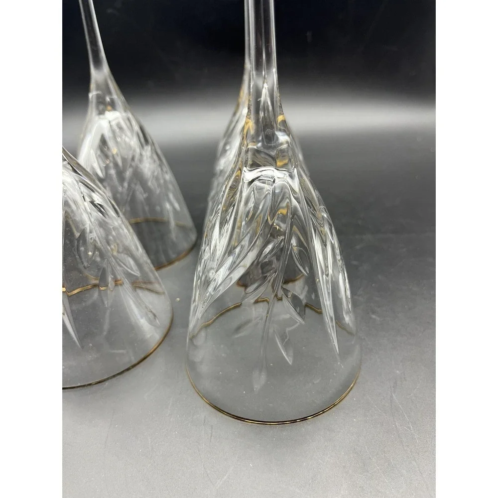 4 Vintage Mikasa Dune Grass Crystal Wine Glasses Stems w Gold Rim 8.5